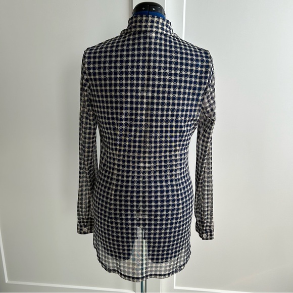 CAbi navy & off white checked blouse, size small. Somewhat sheer. EUC - Picture 2 of 11